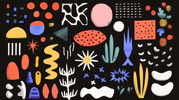 A collection of handdrawn vector illustrations The illustrations are colorful and abstract and include a variety of shapes and patterns