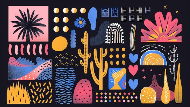 A collection of handdrawn vector illustrations The set includes various cacti flowers leaves and other desert plants