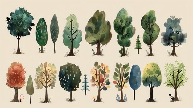 A collection of handdrawn watercolor trees The trees are in various shades of green yellow orange and red