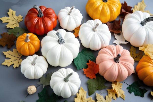 Collection of handmade plaster pumkins Autumn season