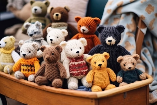 collection of handmade toys knitted goods felted wool and cotton stitched animals teddy bear