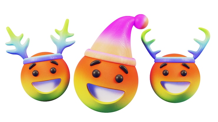Фотография коллекция счастливых emoji носить шляпу градиента санта и повязку на голову с рогами на белом фоне.