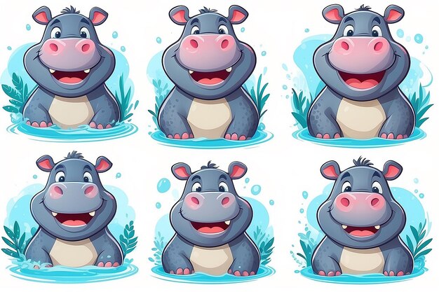 Photo collection of happy smiling joyful cartoon style hippo characters for summer vacation design cartoon hippo smiling avatar generative ai