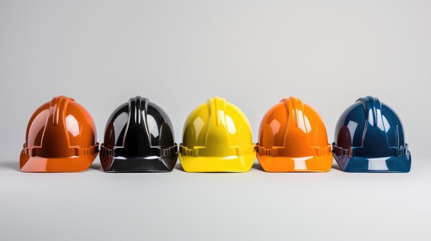 A collection of hard hats in various colors