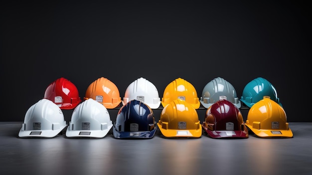 A collection of hard hats in various colors
