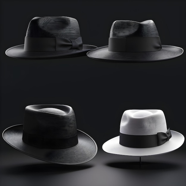 Collection of hats in black and white on dark background