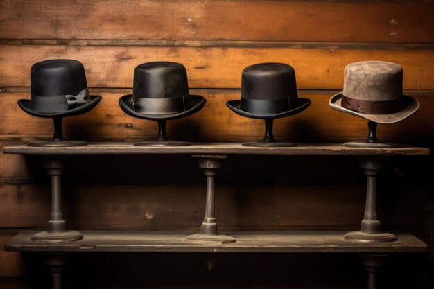 A collection of hats neatly arranged on a sturdy wooden shelf creating an organized display Bowler hats on an old wooden rack AI Generated