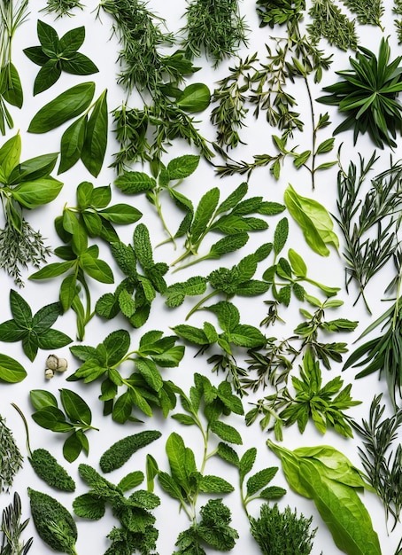 A collection of herbs on a white background