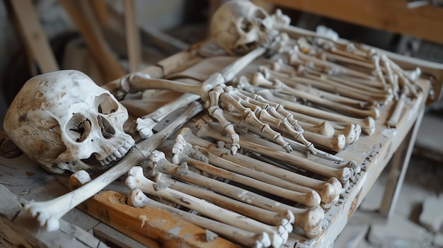 A collection of human bones including skulls femurs and vertebrae The bones are arranged in a haphazard manner on a wooden table