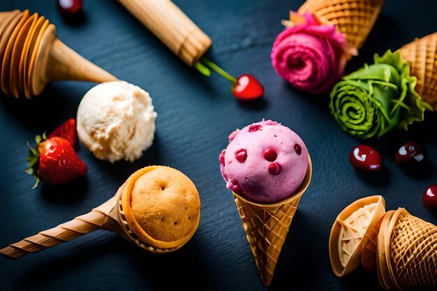 A collection of ice cream cones, including one that has a cherry blossom