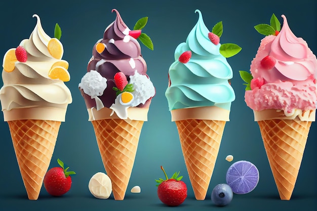 Collection of ice cream cones isolated on white Generative Ai