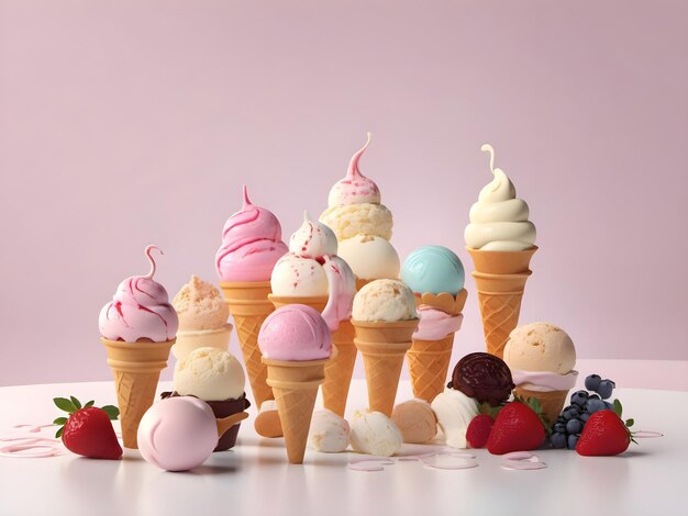 A collection of ice cream cones with berries on them