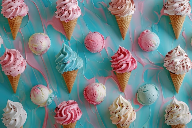 a collection of ice cream cones with different colors