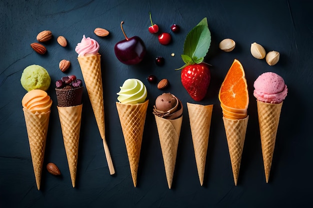 A collection of ice cream cones with one of them has a cherry on the top