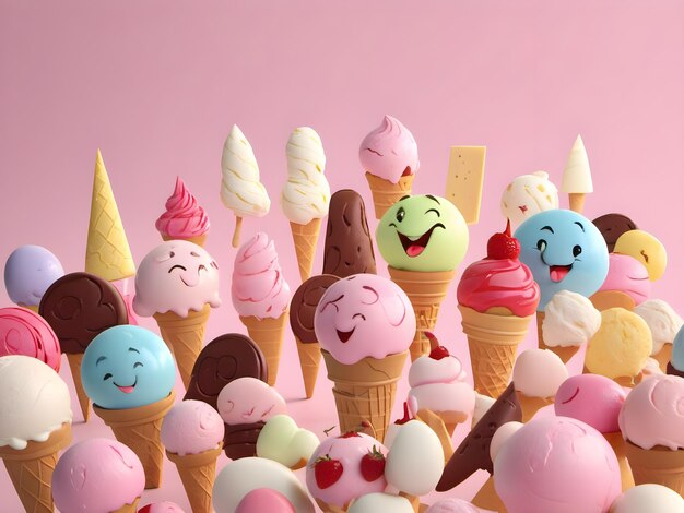 Photo a collection of ice cream cones with a smiley face on them.