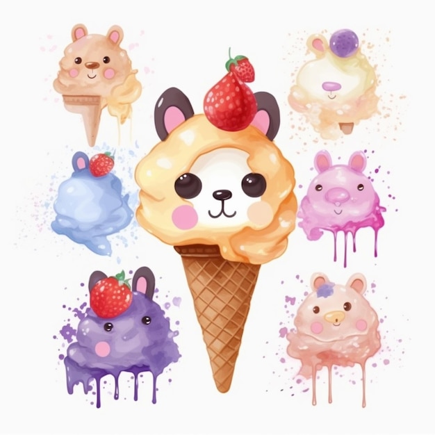 Photo a collection of ice cream with a cat and a bear.