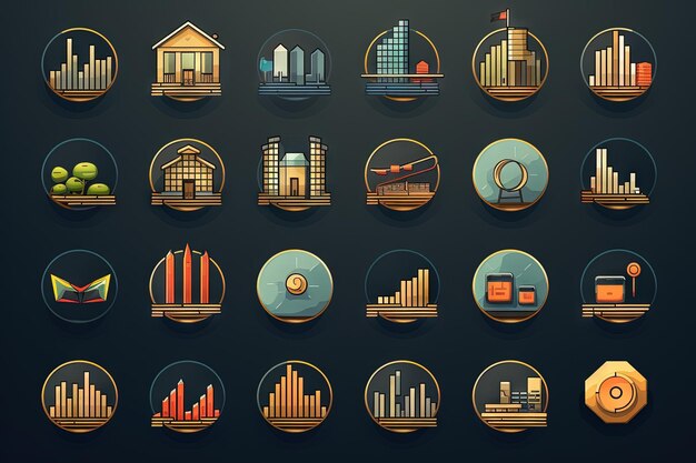 collection of icon incorporating various investment symbols like stocks bonds and real estate business technology investing bank commerce concept