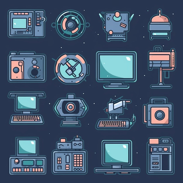 A collection of icons for a computer, a computer, a computer, a camera and a robot.