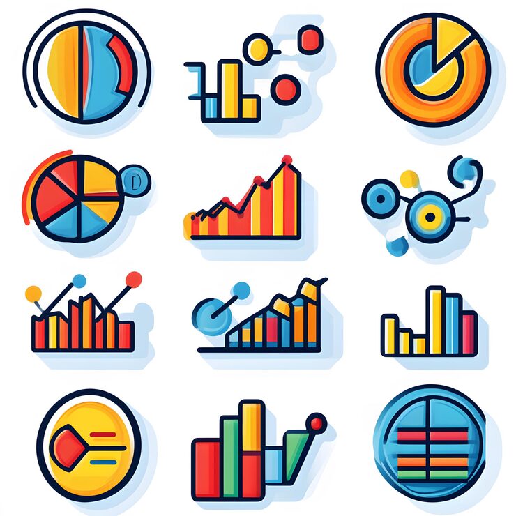 Photo 代表分析概念的圖標集,以及數據圖表,條形圖表和趨勢線的圖像,包括性能測量,統計評估和數據摘要的圖像