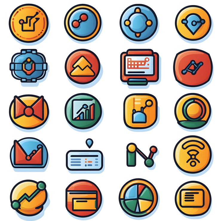 Photo 代表數據概念的圖標集,以及數據庫圖標,數據表和分析圖表包括數據管理信息流和統計分析的符號