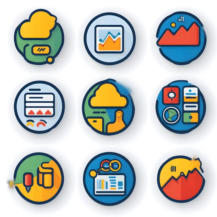 Photo 代表數據概念的圖標集,以及數據庫圖標,數據表和分析圖表包括數據管理信息流和統計分析的符號