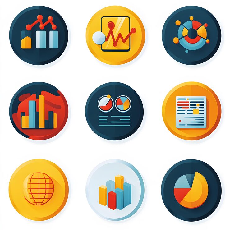 Photo 代表數據概念的圖標集,以及數據庫圖標,數據表和分析圖表包括數據管理信息流和統計分析的符號