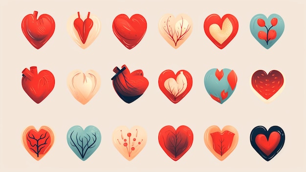 Фото Коллекция иллюстрированных цветовых символов сердца векторное изображение аи генерирует искусство