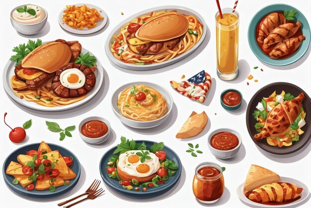 レストランのメニューやバナーに適した美味しいアメリカの料理のイラストのコレクション