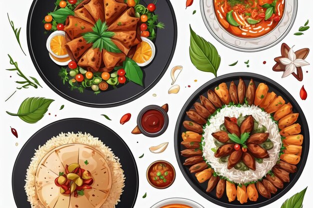 a collection of illustrations of delicious Arabic dishes suitable for restaurant menus or banners