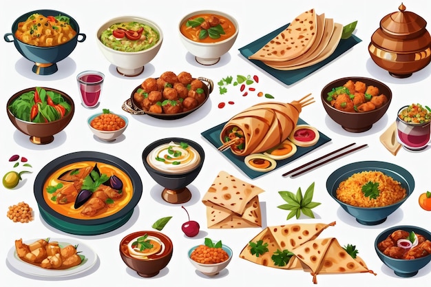 레스토랑 메뉴 또는 배너에 적합한 맛있는 아랍 요리의 일러스트레이션 컬렉션
