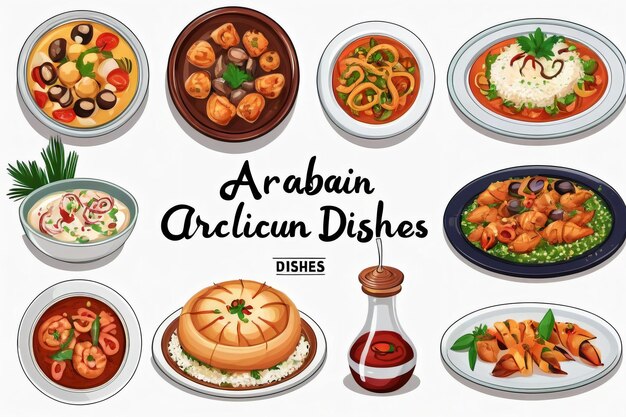 a collection of illustrations of delicious Arabic dishes suitable for restaurant menus or banners