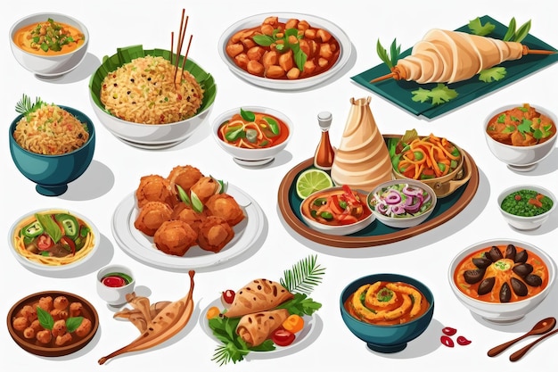 a collection of illustrations of delicious Arabic dishes suitable for restaurant menus or banners