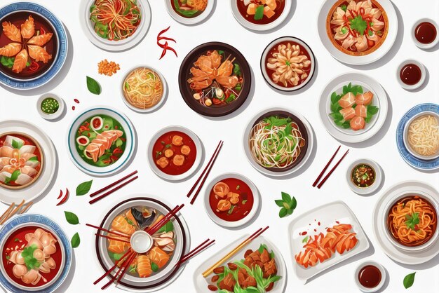 레스토랑 메뉴 또는 배너에 적합한 맛있는 중국 요리의 일러스트레이션 컬렉션