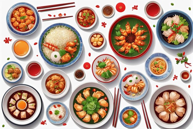 レストランのメニューやバナーに適した美味しい中国料理のイラストのコレクション