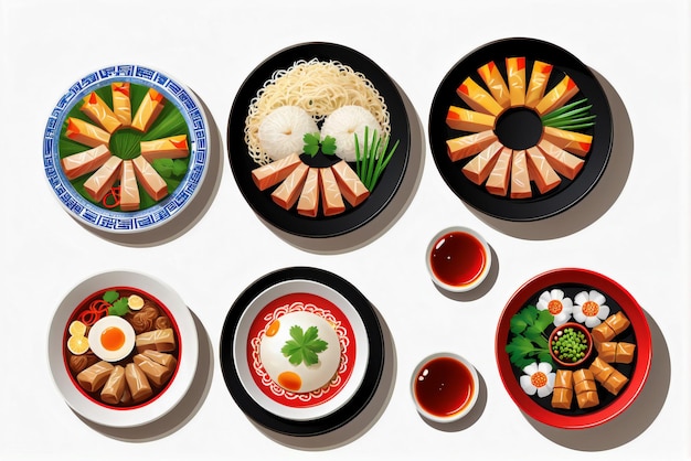 a collection of illustrations of delicious Chinese dishes suitable for restaurant menus or banners