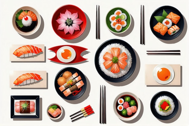 a collection of illustrations of delicious Japanese dishes suitable for restaurant menus or banners