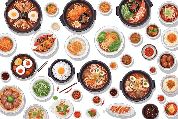 a collection of illustrations of delicious Korean dishes suitable for restaurant menus or banners