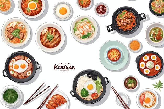 A collection of illustrations of delicious korean dishes suitable for restaurant menus or banners