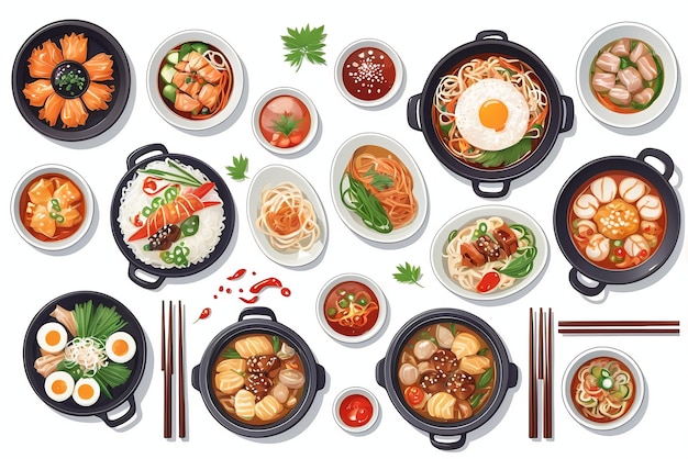 Photo a collection of illustrations of delicious korean dishes suitable for restaurant menus or banners