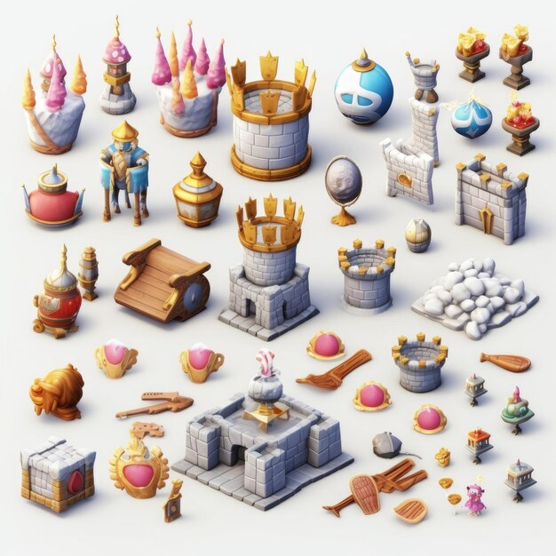 A collection of illustrations including a castle, castle, and other items.