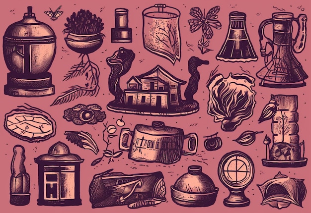 A collection of illustrations including one of the symbols of the country.
