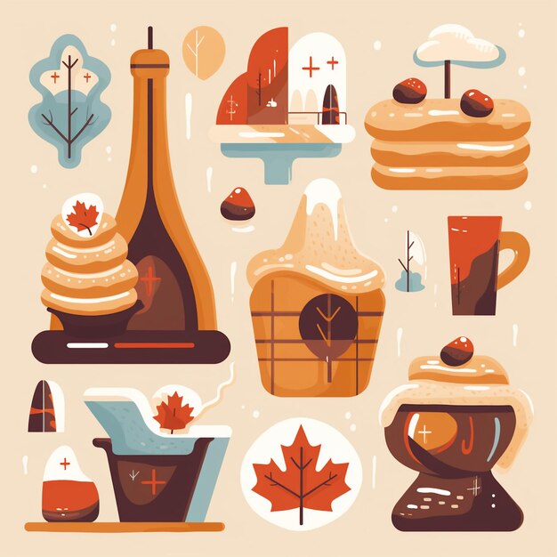 A collection of illustrations for maple syrup and maple leaves