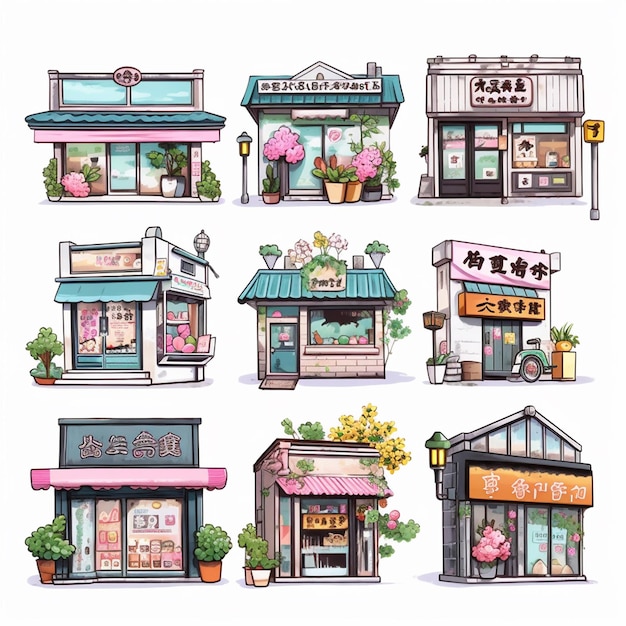 A collection of illustrations of shops and shops.