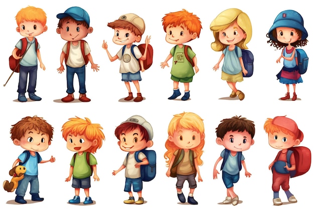 A collection of images of boys and girls with backpacks and hats