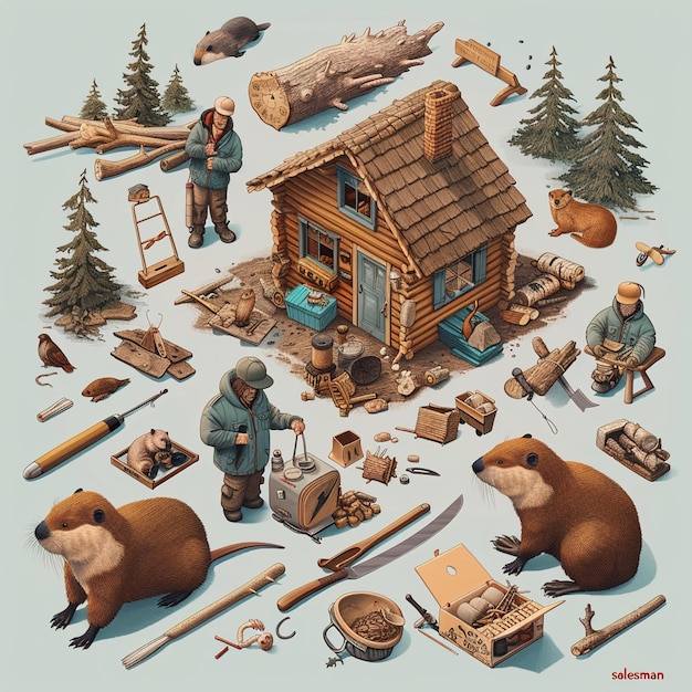 a collection of images of a cabin with a bear and a log cabin