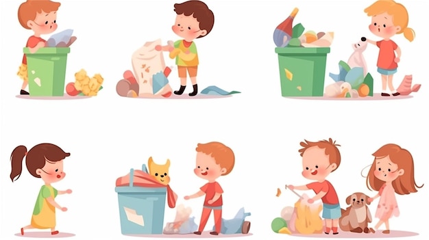 A collection of images of children playing with trash and a cat.