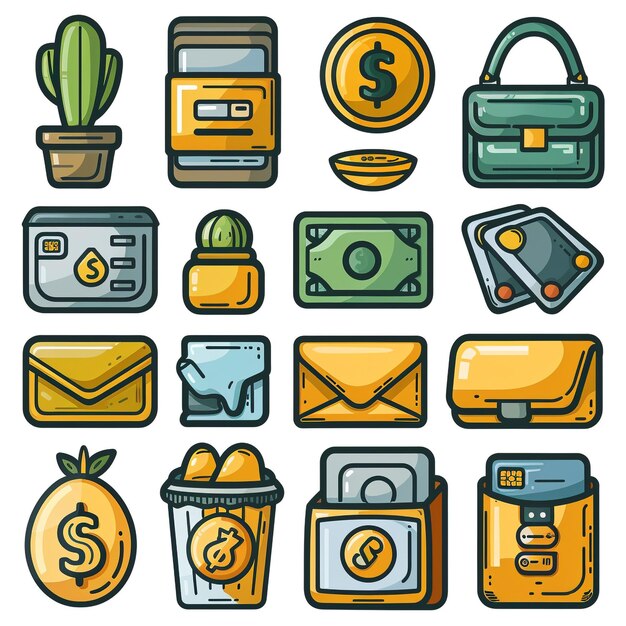 Photo a collection of images including a collection of items including a wallet a palm tree and a pot with