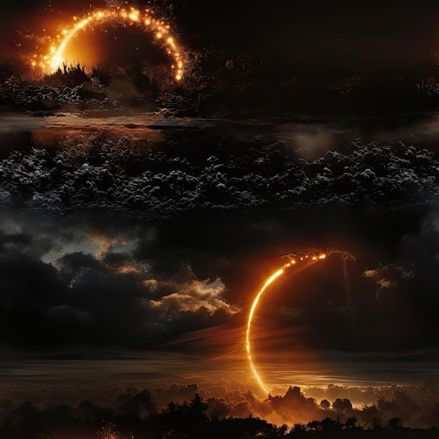 Collection of images showing sun eclipses in dark orange and dark amber tiled