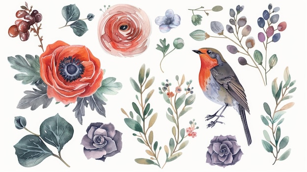 The collection includes ranuncules anemones succulents Robin birds wild privet berries as well as branches and leaves in vintage watercolor style