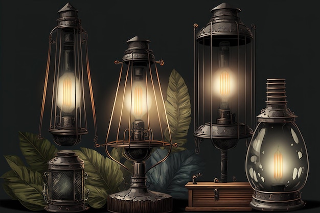 Collection of industrial style lamps illustration website banner online store logo